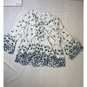 Women Fever, blue and white blouse, bell sleeve, floral print, peplum, size L‎